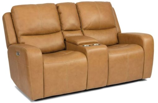 Flexsteel Aiden Honey Power Reclining Loveseat w/ Console & Power Headrests