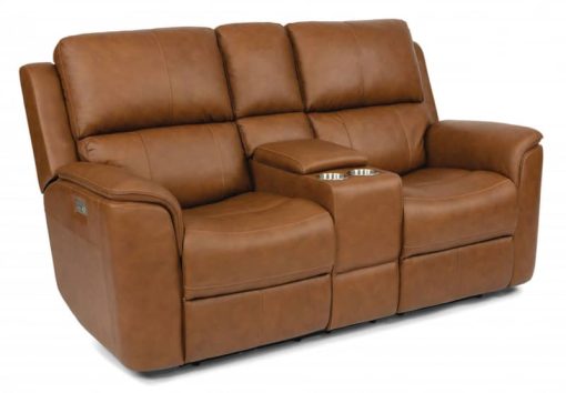 Flexsteel Henry Hickory Power Reclining Loveseat With Console & Power Headrests & Lumbar