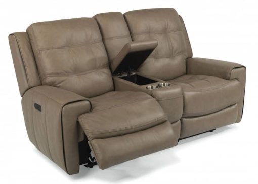 Flexsteel Wicklow Leather Power Reclining Loveseat With Console & Power Headrests