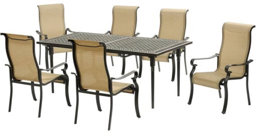 Hanover Brigantine 7-Piece Outdoor Dining Set In Cast/Tan With 6 Sling Dining Chairs, Expandable Cast Dining Table