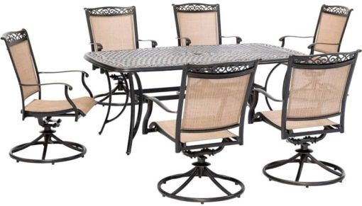 Hanover Fontana 7-Piece Outdoor Dining Set In Tan/Bronze With 6 Sling Swivel Rockers & 38x72" Cast Table