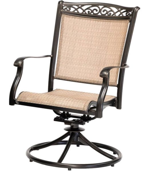 Hanover Fontana 7-Piece Outdoor Dining Set In Tan/Bronze With 6 Sling Swivel Rockers & 38x72" Cast Table - Image 5