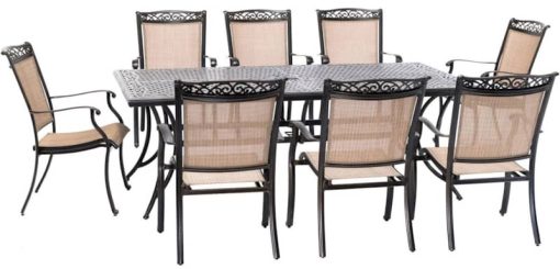 Hanover Fontana 9-Piece Outdoor Dining Set In Tan/Bronze With 8 Sling Dining Chairs & 42x84" Cast Table