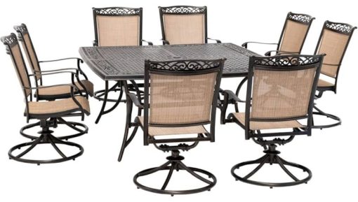 Hanover Fontana 9-Piece Outdoor Dining Set In Tan/Bronze With 8 Sling Swivel Rockers & 60" Square Cast Table