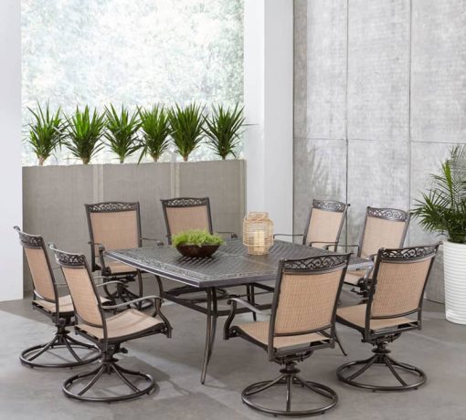 Hanover Fontana 9-Piece Outdoor Dining Set In Tan/Bronze With 8 Sling Swivel Rockers & 60" Square Cast Table - Image 2
