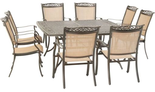 Hanover Fontana 9-Piece Outdoor Dining Set In Tan/Bronze With 8 Sling Dining Chairs & 60" Square Cast Table