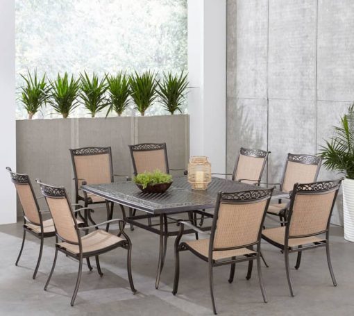 Hanover Fontana 9-Piece Outdoor Dining Set In Tan/Bronze With 8 Sling Dining Chairs & 60" Square Cast Table - Image 2