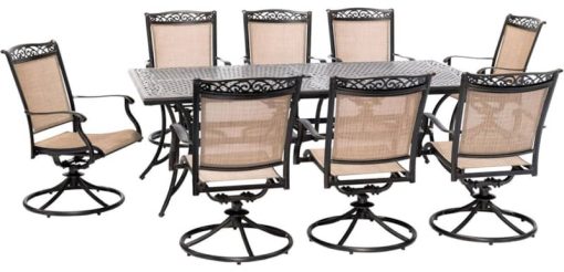 Hanover Fontana 9-Piece Outdoor Dining Set In Tan/Bronze With 8 Sling Swivel Rockers & 42x84" Cast Table