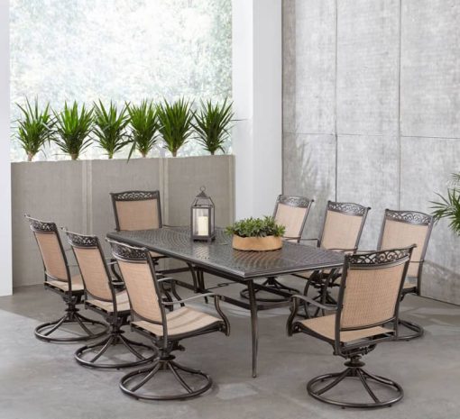 Hanover Fontana 9-Piece Outdoor Dining Set In Tan/Bronze With 8 Sling Swivel Rockers & 42x84" Cast Table - Image 2