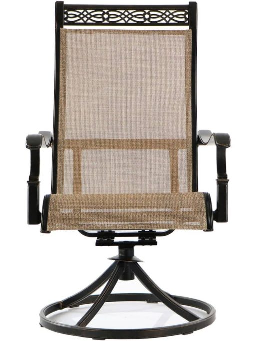 Hanover Manor 7-Piece Outdoor Dining Set In Tan Sling/Cast With 6 Sling Swivel Rockers, 60" Round Cast Table - Image 4