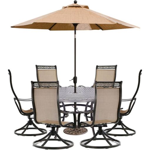 Hanover Manor 7-Piece Outdoor Dining Set In Tan Sling/Cast With 6 Sling Swivel Rockers, 60" Round Cast Table, Umbrella Base