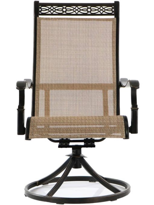 Hanover Manor 7-Piece Outdoor Dining Set In Tan Sling/Cast With 6 Sling Swivel Rockers, 60" Round Cast Table, Umbrella Base - Image 7