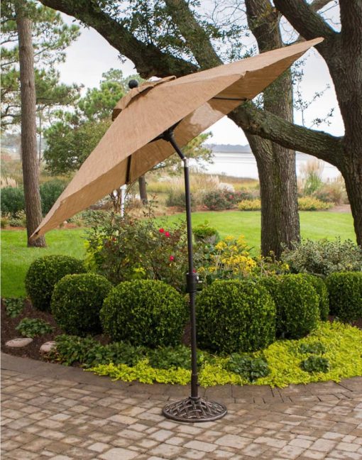 Hanover Manor 7-Piece Outdoor Dining Set In Tan Sling/Cast With 6 Sling Swivel Rockers, 60" Round Cast Table, Umbrella Base - Image 2