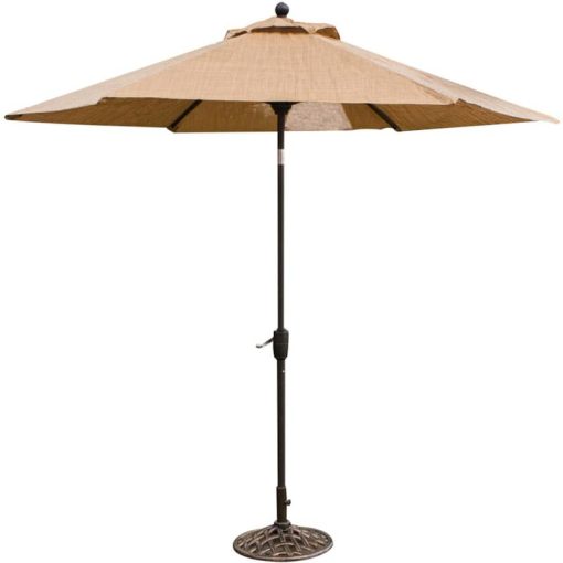 Hanover Manor 7-Piece Outdoor Dining Set In Tan Sling/Cast With 6 Sling Swivel Rockers, 60" Round Cast Table, Umbrella Base - Image 4