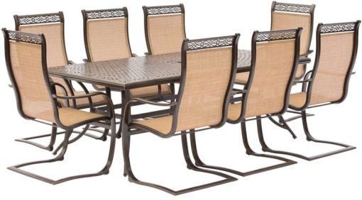 Hanover Manor 9-Piece Outdoor Dining Set In Tan Sling/Cast With 8 Sling Spring Chairs, 42x84" Cast Table