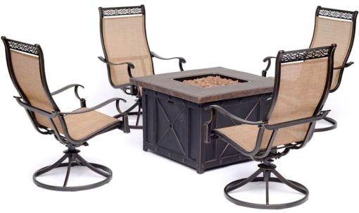 Hanover Monaco 5-Piece Outdoor Dining Set With 4 Sling Swivel Rockers & Durastone Fire Pit In Tan/Bronze