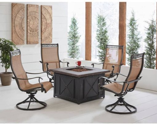 Hanover Monaco 5-Piece Outdoor Dining Set With 4 Sling Swivel Rockers & Durastone Fire Pit In Tan/Bronze - Image 8