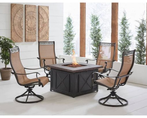 Hanover Monaco 5-Piece Outdoor Dining Set With 4 Sling Swivel Rockers & Durastone Fire Pit In Tan/Bronze - Image 2
