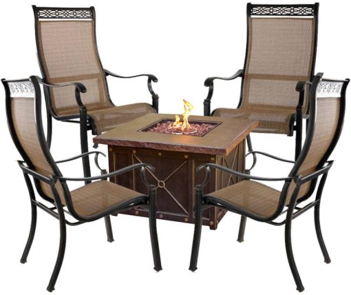 Hanover Monaco 5-Piece Outdoor Set With 4 Sling Chairs & Durastone Fire Pit In Tan/Bronze