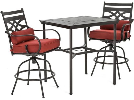 Hanover Montclair 3-Piece Outdoor Dining Set In Chili Red/Brown With 2 Swivel Chairs, 33x33 Steel-Stamped Table