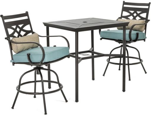 Hanover Montclair 3-Piece Outdoor Dining Set In Ocean Blue/Brown With 2 Swivel Chairs, 33x33 Steel-Stamped Table