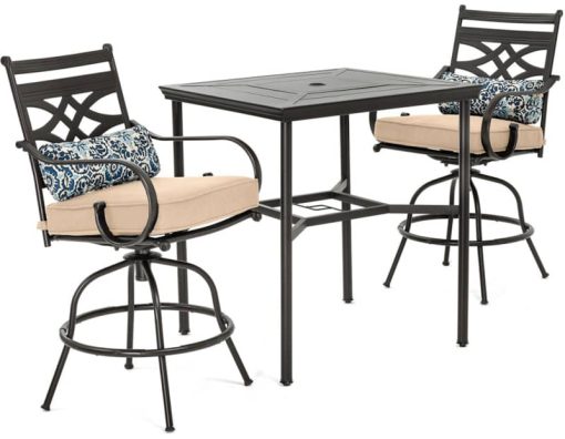 Hanover Montclair 3-Piece Outdoor Dining Set In Ocean Tan/Bronze With 2 Swivel Chairs, 33x33 Steel-Stamped Table