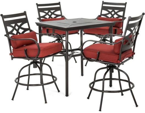 Hanover Montclair 5-Piece Outdoor High Dining Set In Chili Red/Brown With 4 Swivel Chairs, 33" Square High Dining Table