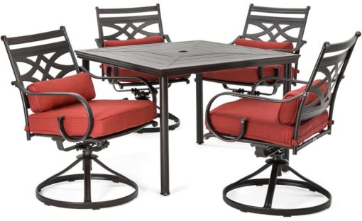 Hanover Montclair 5-Piece Outdoor Dining Set In Chili Red/Brown With 4 Swivel Rockers, 40" Square Dining Table