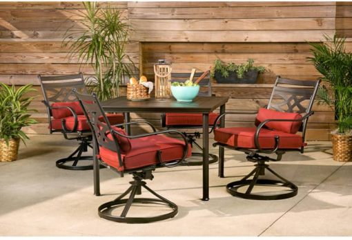 Hanover Montclair 5-Piece Outdoor Dining Set In Chili Red/Brown With 4 Swivel Rockers, 40" Square Dining Table - Image 2