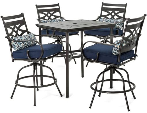 Hanover Montclair 5-Piece Outdoor High Dining Set In Navy/Brown With 4 Swivel Chairs, 33" Square High Dining Table