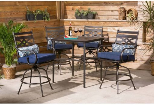 Hanover Montclair 5-Piece Outdoor High Dining Set In Navy/Brown With 4 Swivel Chairs, 33" Square High Dining Table - Image 2