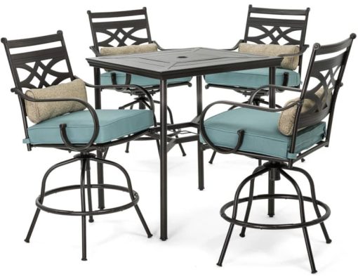 Hanover Montclair 5-Piece Outdoor High Dining Set In Ocean Blue/Brown With 4 Swivel Chairs, 33" Square High Dining Table
