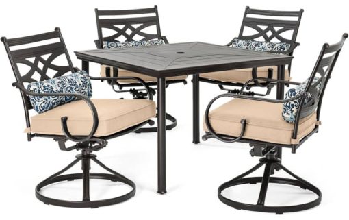 Hanover Montclair 5-Piece Outdoor Dining Set In Tan/Brown With 4 Swivel Rockers, 40" Square Dining Table