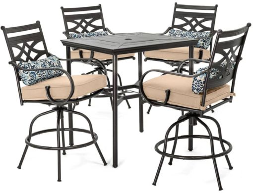 Hanover Montclair 5-Piece Outdoor High Dining Set In Tan/Brown With 4 Swivel Chairs, 33" Square High Dining Table