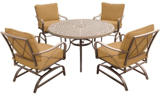 Hanover Summer Nights 5-Piece Outdoor Dining Set In Tan With 4 Steel Rockers & 48" Cast Table