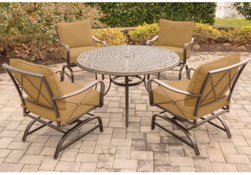 Hanover Summer Nights 5-Piece Outdoor Dining Set In Tan With 4 Steel Rockers & 48" Cast Table - Image 2