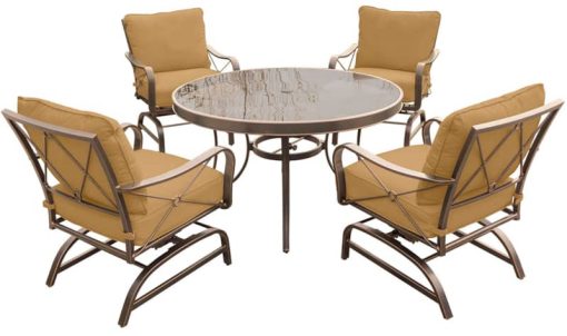 Hanover Summer Nights 5-Piece Outdoor Dining Set In Tan With 4 Steel Rockers & 48" Glass Table