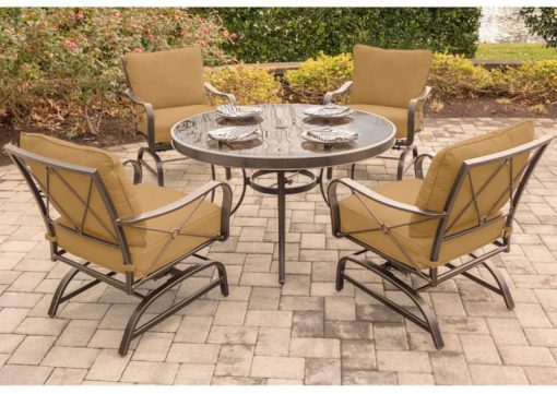 Hanover Summer Nights 5-Piece Outdoor Dining Set In Tan With 4 Steel Rockers & 48" Glass Table - Image 2