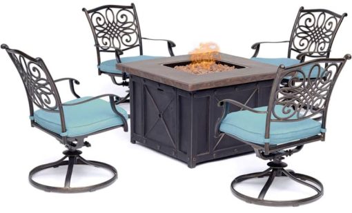 Hanover Traditions 5-Piece Outdoor Set With 4 Swivel Rockers & Durastone Fire Pit In Blue