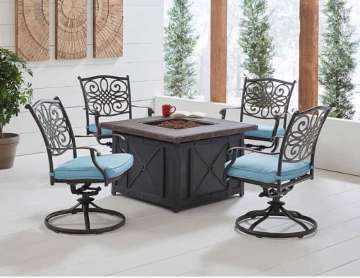 Hanover Traditions 5-Piece Outdoor Set With 4 Swivel Rockers & Durastone Fire Pit In Blue - Image 2