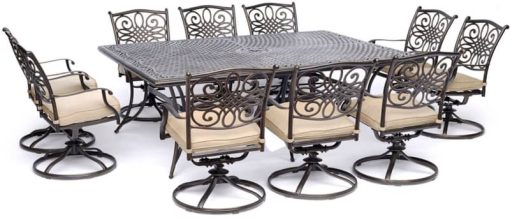 Hanover Traditions 11-Piece Outdoor Dining Set In Tan/Cast With 10 Swivel Rockers, 60x84" Cast Table