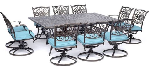Hanover Traditions 11-Piece Outdoor Dining Set In Blue/Cast With 10 Swivel Rockers, 60x84" Cast Table