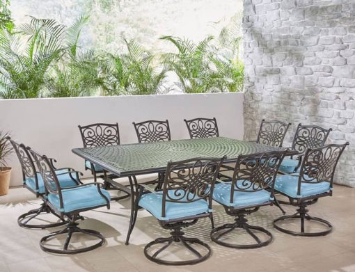 Hanover Traditions 11-Piece Outdoor Dining Set In Blue/Cast With 10 Swivel Rockers, 60x84" Cast Table - Image 3