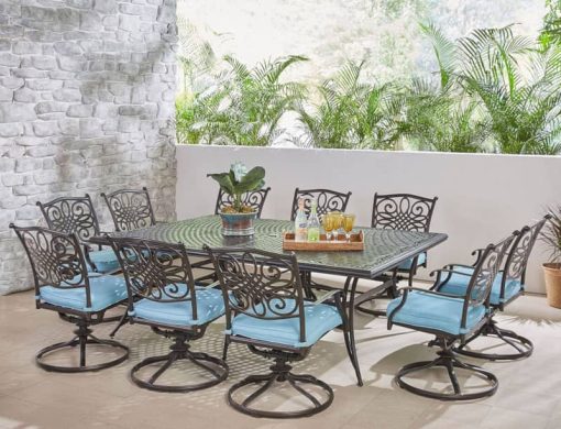 Hanover Traditions 11-Piece Outdoor Dining Set In Blue/Cast With 10 Swivel Rockers, 60x84" Cast Table - Image 2