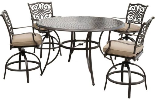 Hanover Traditions 5-Piece Outdoor Dining Set In Tan/Cast With 4 Counter Height Swivel Rockers, 56" Round Cast-Top Table