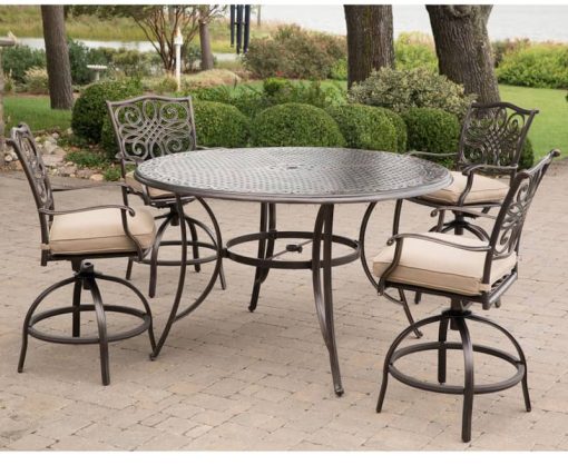 Hanover Traditions 5-Piece Outdoor Dining Set In Tan/Cast With 4 Counter Height Swivel Rockers, 56" Round Cast-Top Table - Image 3