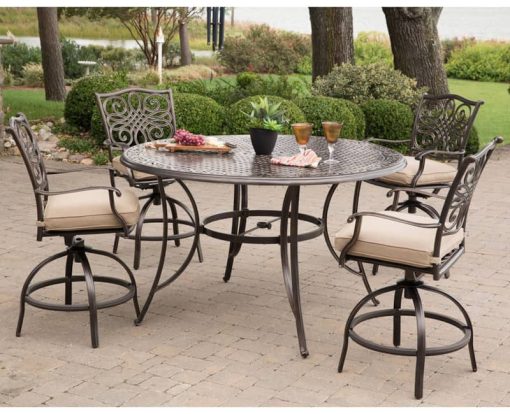 Hanover Traditions 5-Piece Outdoor Dining Set In Tan/Cast With 4 Counter Height Swivel Rockers, 56" Round Cast-Top Table - Image 2