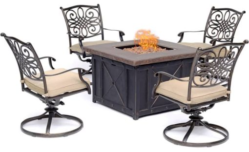Hanover Traditions 5-Piece Outdoor Set With 4 Swivel Rockers & Durastone Fire Pit In Natural Oat