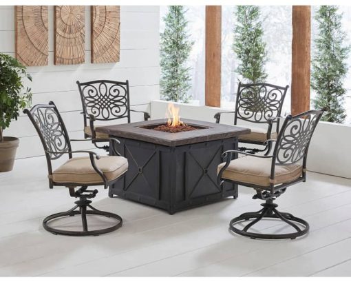 Hanover Traditions 5-Piece Outdoor Set With 4 Swivel Rockers & Durastone Fire Pit In Natural Oat - Image 2