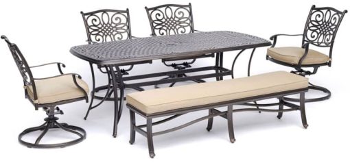 Hanover Traditions 6-Piece Outdoor Dining Set In Tan/Cast With 4 Swivel Rockers, Backless Bench, 38x72" Cast Table
